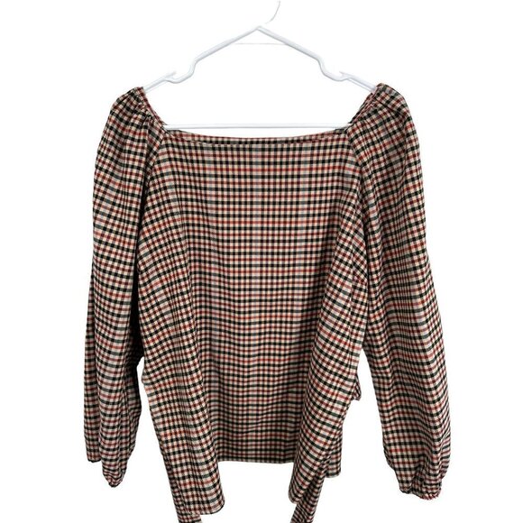 Ann Taylor  tan checkered blouse, tie closure around high waist, size Large - Picture 2 of 9